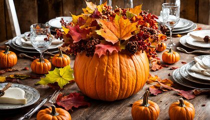 autumn leaves surrounding a pumpkin centerpiece