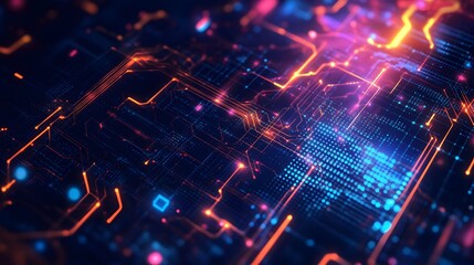 Abstract technology background features vibrant neon lights arranged in geometric forms, creating a dynamic and futuristic digital wallpaper showcasing artificial intelligence