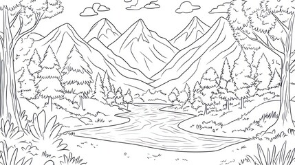 Fototapeta premium Serene Mountain River Landscape Coloring Page
