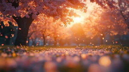 Cherry Blossom Trees at Sunset with Petals Falling on Grass