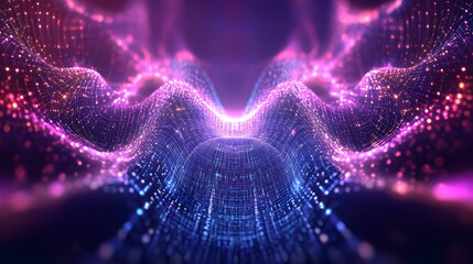 Abstract technology background features a luminous cloud structure with neon lights and intricate geometric patterns, representing the intersection of digital technology and cloud computing innovation