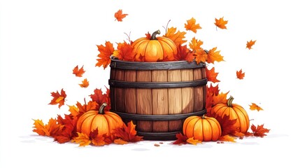 Autumn pumpkins in wooden barrel with fall leaves.
