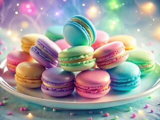 Obraz premium Vibrant, colorful macarons in a whimsical, surreal scene; a delectable pastel dream on a white plate.