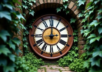 Fototapeta premium Large vintage clock nestled within a lush garden archway covered with ivy