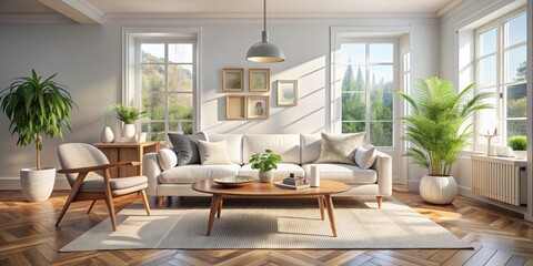 White sofa, wooden coffee table, bathed in natural light define this surreal minimalist Scandinavian living room.