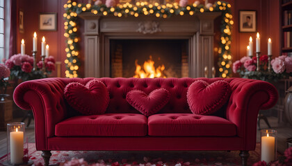 Naklejka premium Elegant valentine-themed sofa adorned with roses and soft lighting