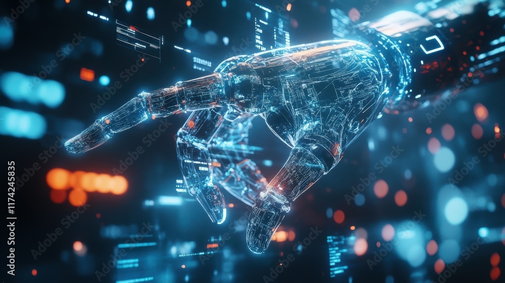 Poster glowing polygonal robotic hand pointing at holographic data stream, showcasing the integration of ar