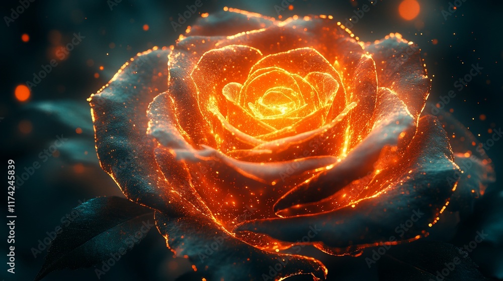 Wall mural Fiery rose glows, dark background, fantasy art, greeting card