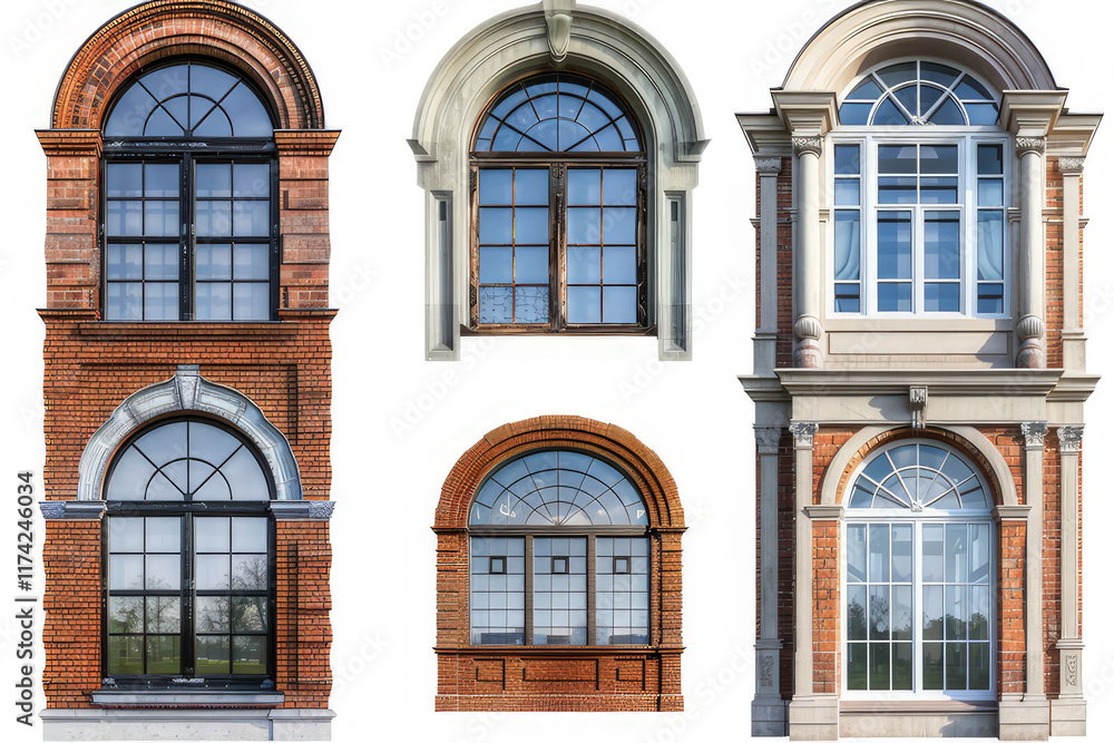 Poster a collection of four distinct architectural window designs showcasing various styles. isolated on wh