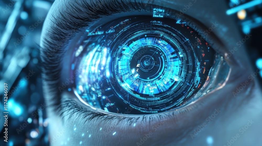 Poster close up view of a futuristic cyborg eye featuring a sophisticated digital interface, processing and