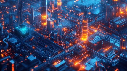 Fototapeta premium A cityscape with buildings lit up in orange and blue