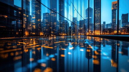 A city skyline with a reflection of the buildings in a large glass building
