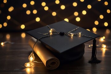 Graduation Cap Surrounded By Glowing Fairy Lights, Creating A Warm And Festive Atmosphere