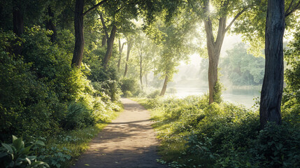 Fototapeta premium Serene forest trail with sunlight filtering through lush greenery and a tranquil lakeside view