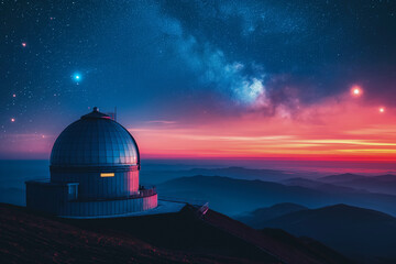 Stunning night sky view over observatory with twilight and stars