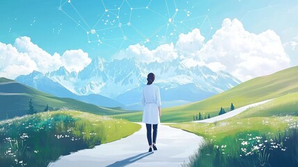 Obraz premium A woman is walking down a path in a field with mountains in the background