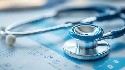 A blue stethoscope is on top of a medical chart