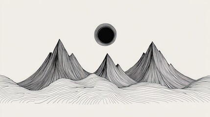 Abstract Line Art Mountain Range and Sun