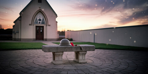 Remembrance Day Military Helmet and Poppy on Stone Bench at Sunset