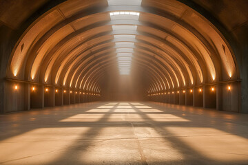 Sunlit interior of a spacious concrete hall with arched ceiling and warm lighting