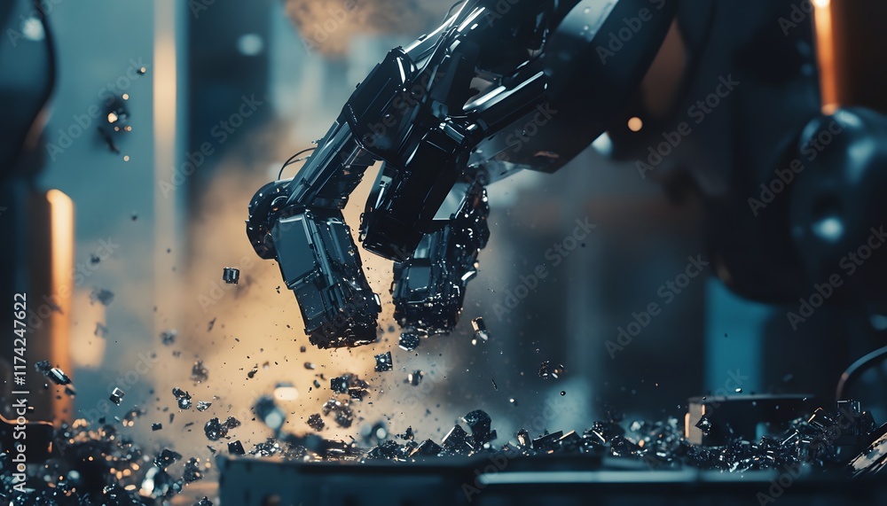 Poster a close-up of a robotic hand manipulating materials in a high-tech environment, showcasing precision