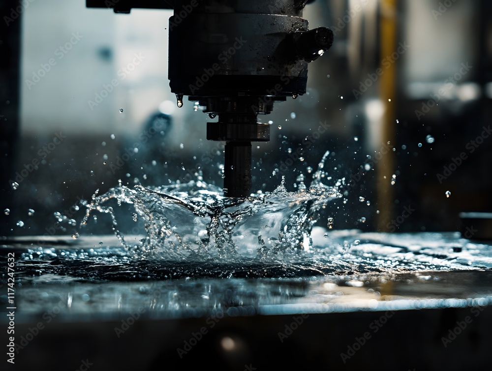 Poster a close-up of a water splash captured near a machine tool in an industrial setting, highlighting the
