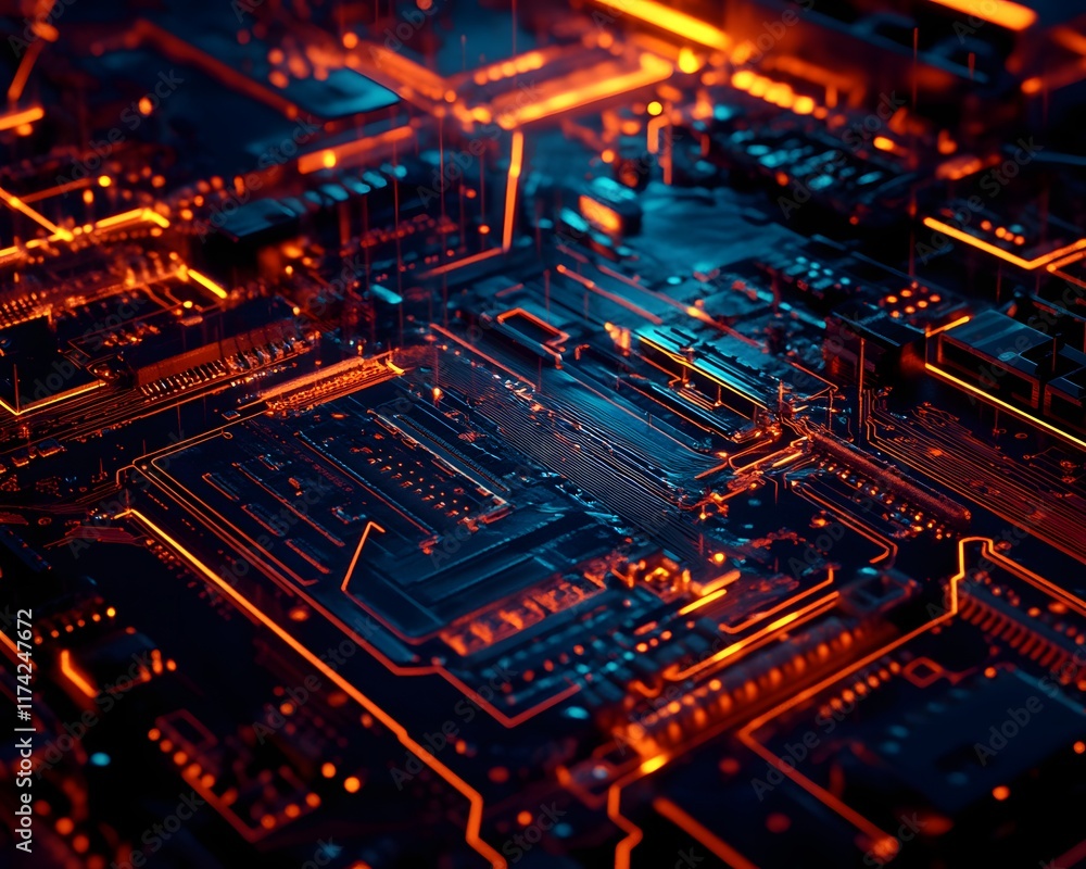 Poster a close-up view of a high-tech circuit board featuring vibrant orange and blue lights. this image ca