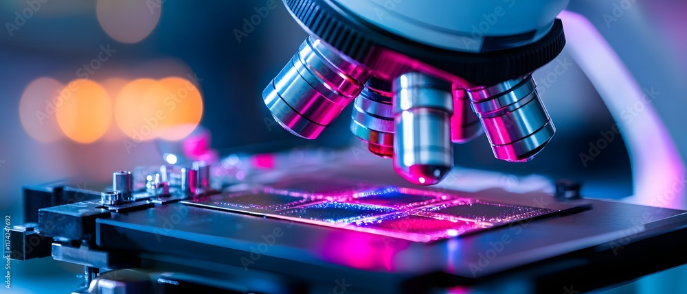 Poster a close-up view of a high-tech microscope examining a microchip, showcasing intricate details illumi