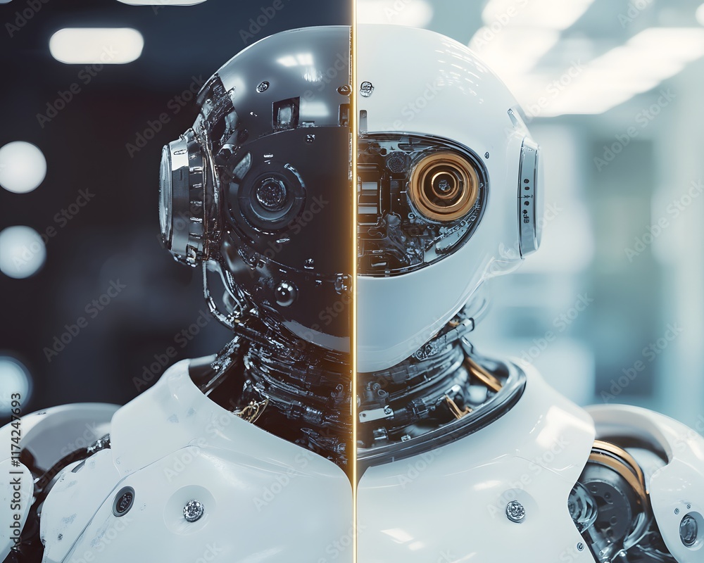 Poster a close-up view of a humanoid robot, showcasing a futuristic design with a split face, highlighting 