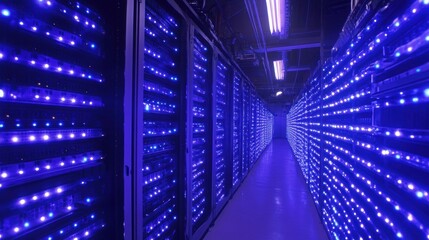 Obraz premium Flashing purple lights illuminate servers within a server room, enhancing a futuristic and technological ambiance that highlights advanced data management and connectivity