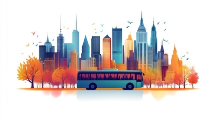 Obraz premium Autumnal New York City skyline with bus.