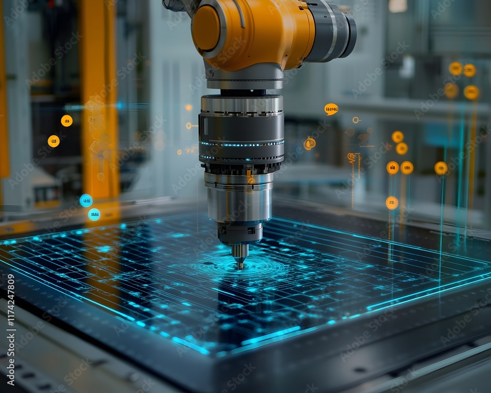 Poster a close-up view of an advanced robotic arm operating on a smart surface, showcasing precision in mod