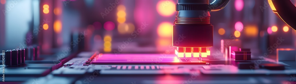 Poster a close-up view of advanced technology featuring a robotic arm interacting with a circuit board, sho