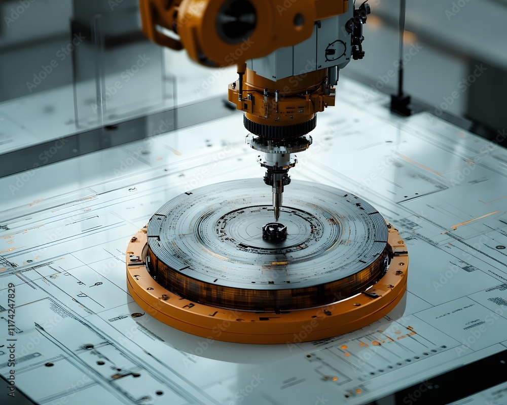 Poster a close-up view of an industrial robotic arm performing precision machining on a detailed blueprint.