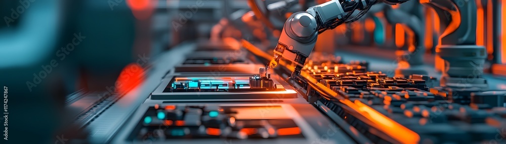 Poster a close-up view of robotic automation in a modern industrial setting, showcasing advanced machinery 