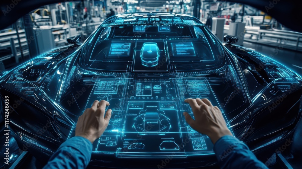 Poster automotive design engineer working on an electric vehicle using an augmented reality holographic int