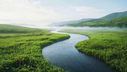 A captivating morning scene where a gentle river winds through lush greenery, surrounded by misty mountains under a soft, light blue sky that evokes tranquility and peace.