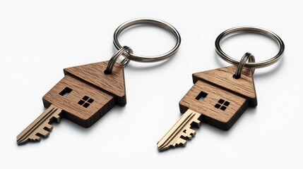 Houses-shaped key chain with keys isolated on a white background, PNG. 