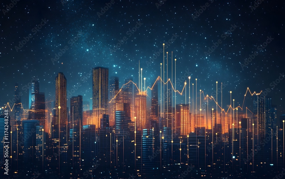 Poster a futuristic city skyline illuminated at night with dynamic data visualizations overlaying the build
