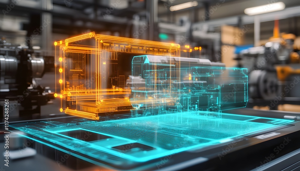 Poster a futuristic concept showcasing digital blueprints of machinery in a high-tech design environment. t