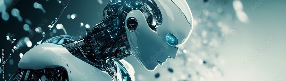 Poster a futuristic robot with intricate circuitry and glowing blue eyes, embodying advanced artificial int