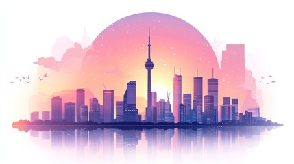Obraz premium Toronto skyline at sunset, reflected in water.