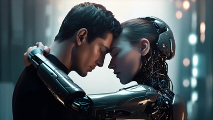 Female android robot hugs a man. Relationship between artificial cyborg and real human. Concept of the future