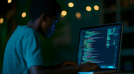 A young person codes on a laptop in a dimly lit environment, with colorful lines of code visible on the screen and a warm bokeh background.