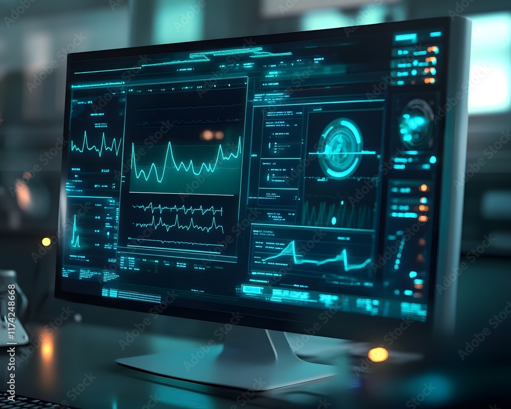 Poster A modern computer monitor displaying vibrant graphs and data analytics, representing advanced technology in use for data analysis and visualization in a sleek office environment.