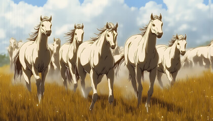 Obraz premium A dynamic illustration of a herd of white horses galloping through a golden field under a blue sky with fluffy clouds. This vibrant image captures the beauty and grace of horses in motion, perfect for