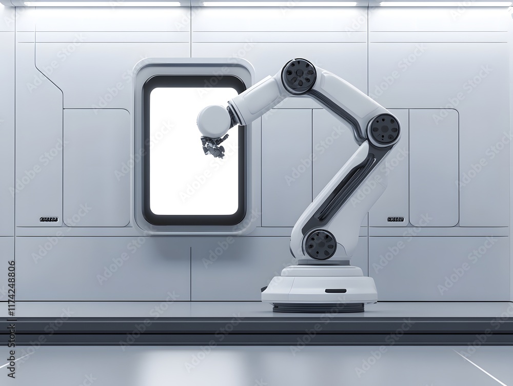 Poster a modern robotic arm positioned in a sleek, futuristic environment, showcasing advanced automation a