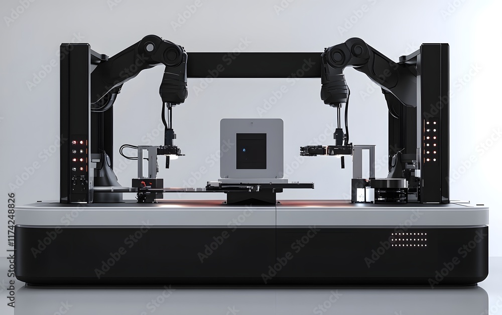 Poster a modern robotic arm system designed for precision automation, showcasing innovative engineering and