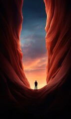 Solitary Figure Gazing at Colorful Sunset Between Majestic Red Rock Canyon Walls