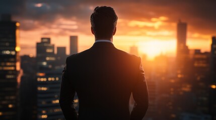 Businessman Contemplating Cityscape at Sunset